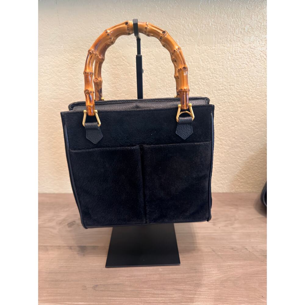 Gucci Vintage Bamboo Handle Suede Top Handle Bag Black Gold Hardware